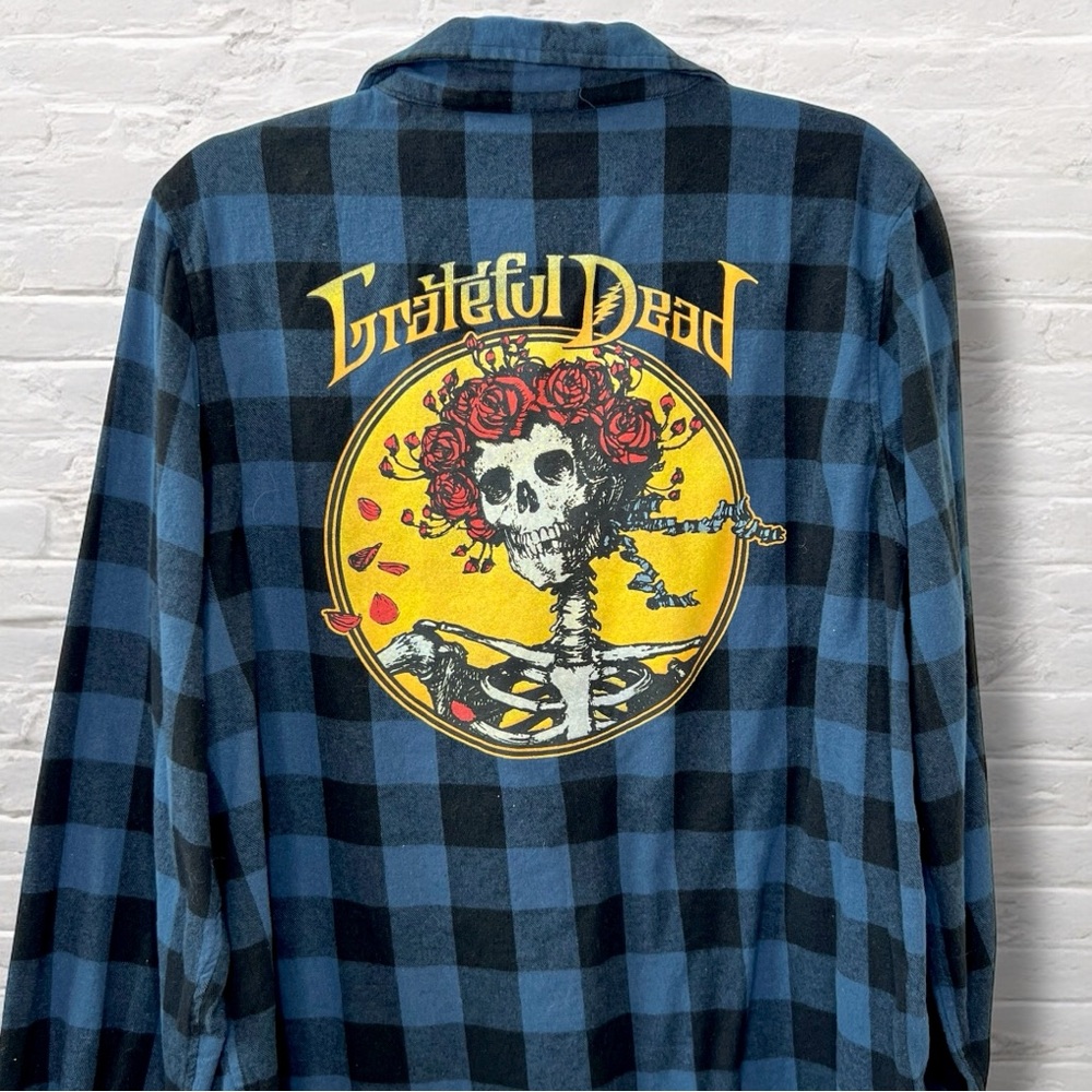 Vintage Grateful Dead Y2K Blue Plaid Flannel Blouse  Skull Crown Graphic – Large